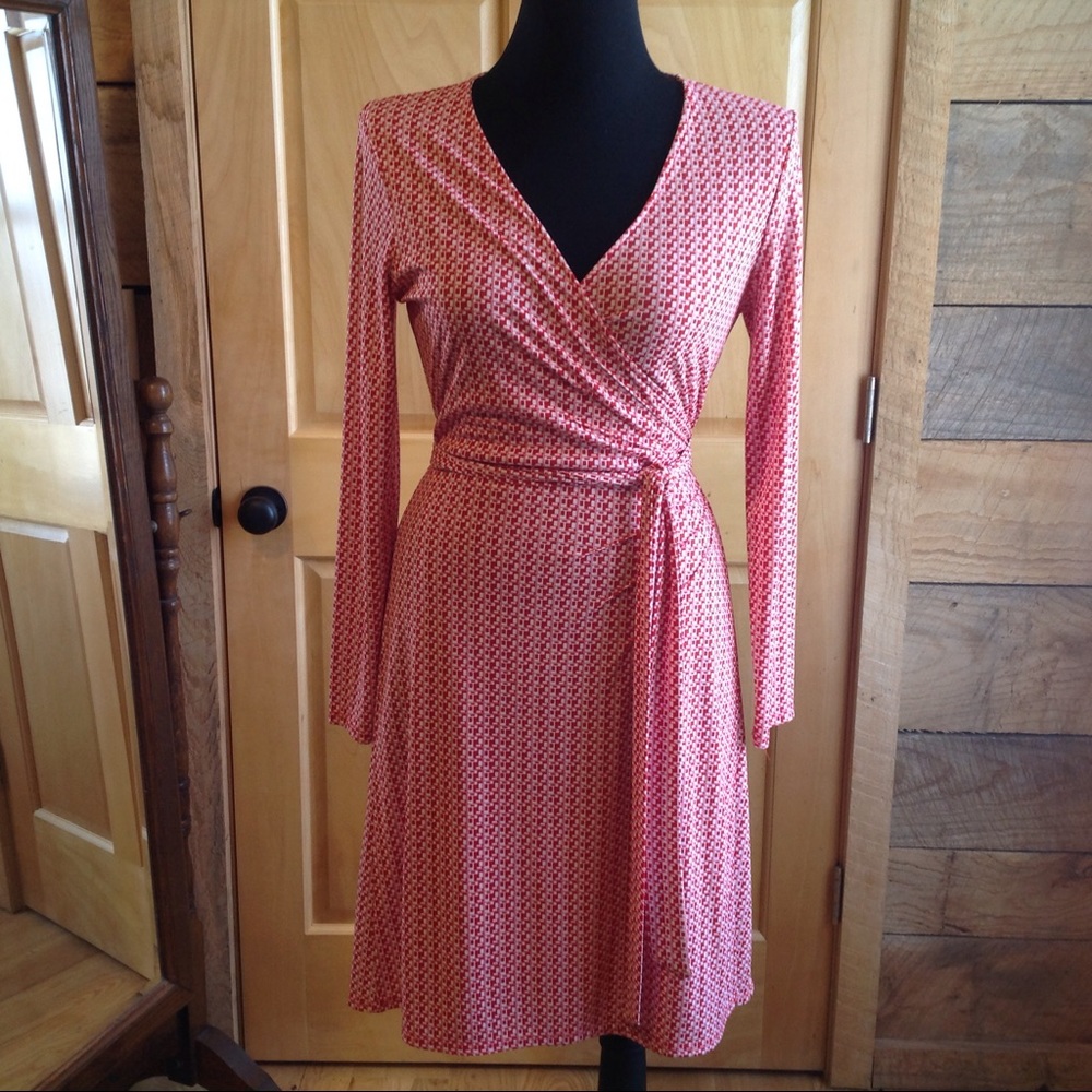 Red Print Long Sleeve Wrap Limited Dress Medium - Picture 3 of 8